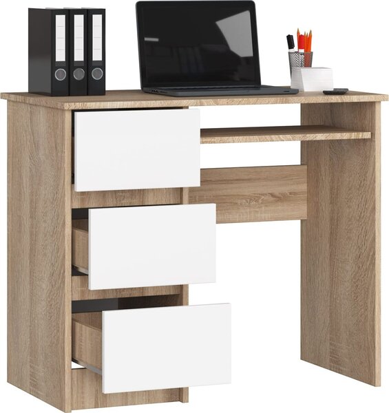 BDW, scrivania per computer con 3 cassetti, cassetto per tastiera, 90x77x50 cm, rovere Sonoma / bianco (a sinistra)