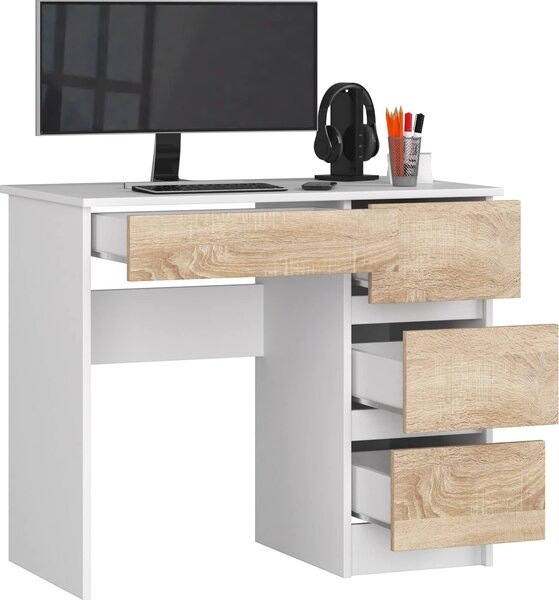 BDW scrivania da ufficio con 4 cassetti, scrivania da gioco, bianco / rovere Sonoma destra