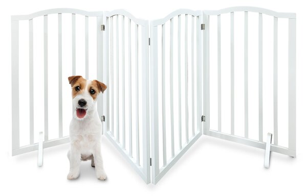 IvoQ Cancello di Sicurezza Pieghevole in Legno – Cancello per Cani – Pieghevole a 4 pannelli – Regolabile 46-185,5 cm – Altezza 81,5 cm – Autoportante – Senza forare – Bianco