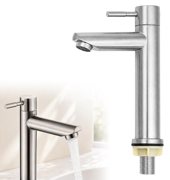 Rubinetto per acqua fredda, lavabo, acciaio inossidabile spazzolato, foro singolo per