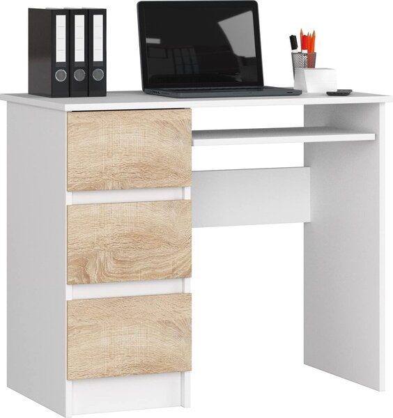 BDW, scrivania per computer con 3 cassetti, cassetto per tastiera, 90x77x50 cm, bianco/rovere Sonoma (a sinistra)