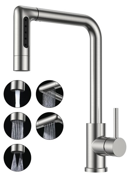 Rubinetto da cucina con 5 getti, acciaio inossidabile, girevole a 360°