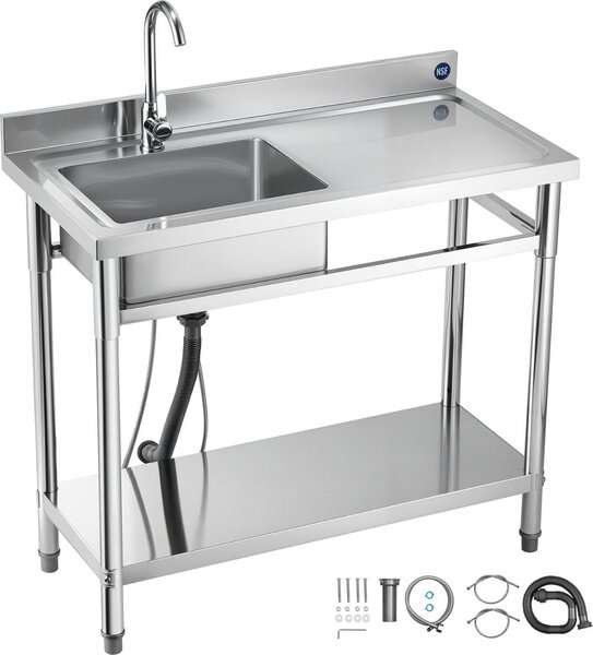 Lavello da cucina - Lavello da cucina in acciaio inox a vasca singola indipendente - 100 x 50 x 94 cm - Con rubinetto - Ripiano - Piano di lavoro - Vasca a destra - Per la ristorazione e l'uso all'aperto