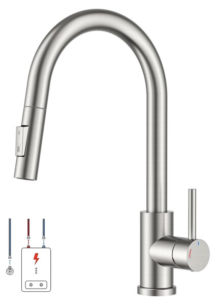Rubinetto da cucina a bassa pressione, miscelatore estraibile, monocomando per acqua calda e fredda, adatto per scaldabagni e apparecchiature da incasso, in acciaio inossidabile