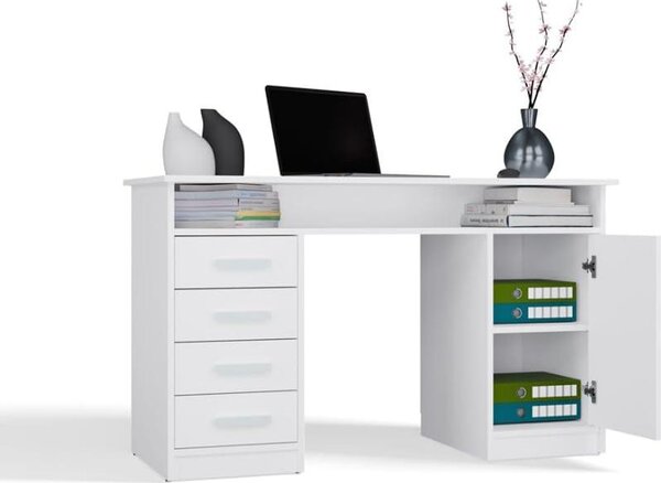 BDW, scrivania ADA con 4 cassetti, 125×75×55 cm, 1 armadio, bianco