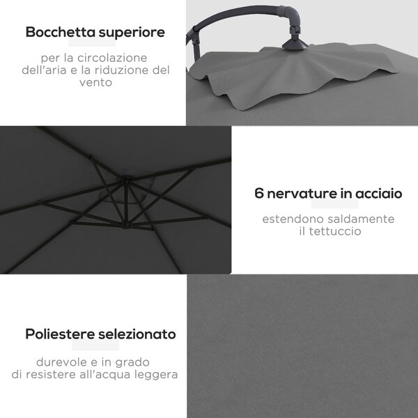 Outsunny Ombrellone da Giardino Decentrato con Base a Croce e Apertura a Manovella, 294x193cm, Grigio|Aosom