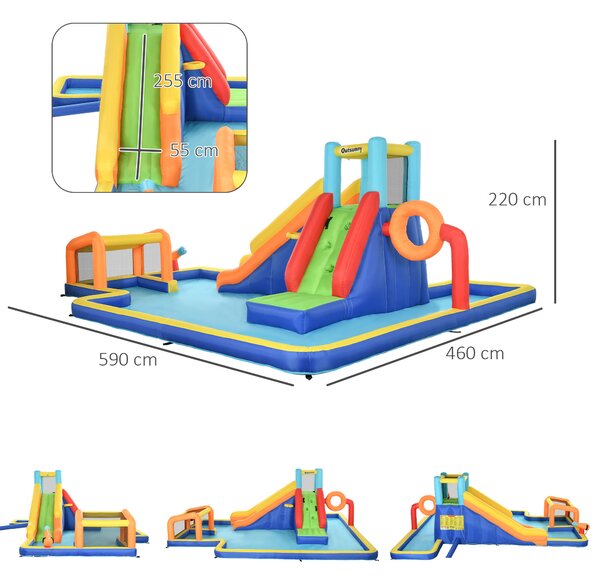 Outsunny Castello Gonfiabile per Bambini 3-8 Anni con Scivolo, Parete, Porta e Canestro, in Tessuto Oxford, 590x460x220 cm|Aosom