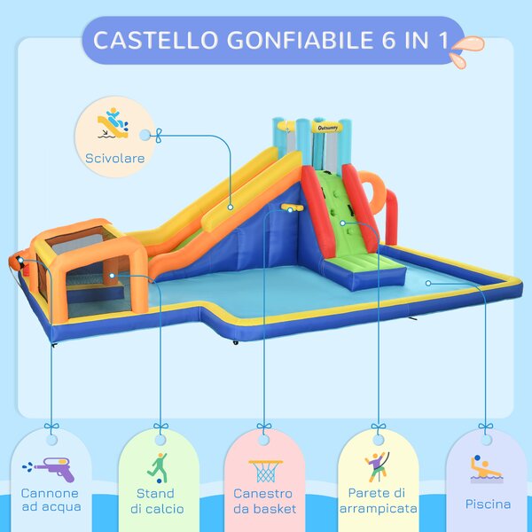Outsunny Castello Gonfiabile per Bambini 3-8 Anni con Scivolo, Parete, Porta e Canestro, in Tessuto Oxford, 590x460x220 cm|Aosom