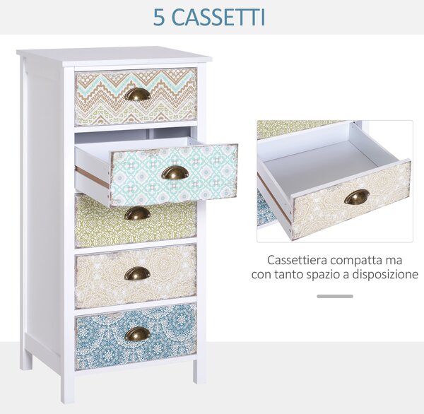 Homcom Cassettiera Mobiletto Vintage con 5 Cassetti Fantasia, per Bagno, Ingresso, Camera, Bianco 46x34x97.5cm|Aosom