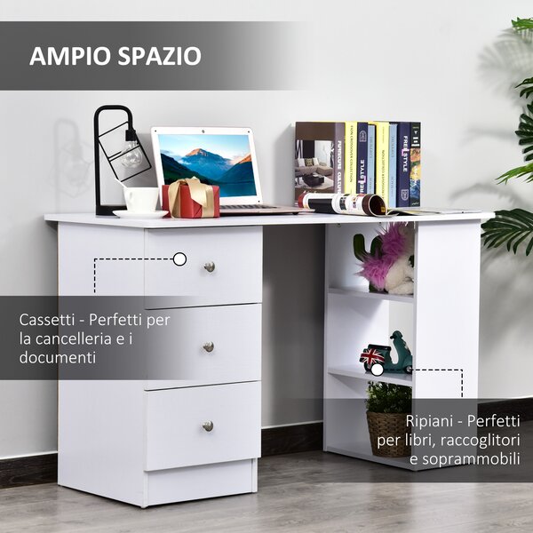 Homcom Scrivania con 3 cassetti e Ripiani Portaoggetti in stile moderno, Bianco, 120x49x72cm