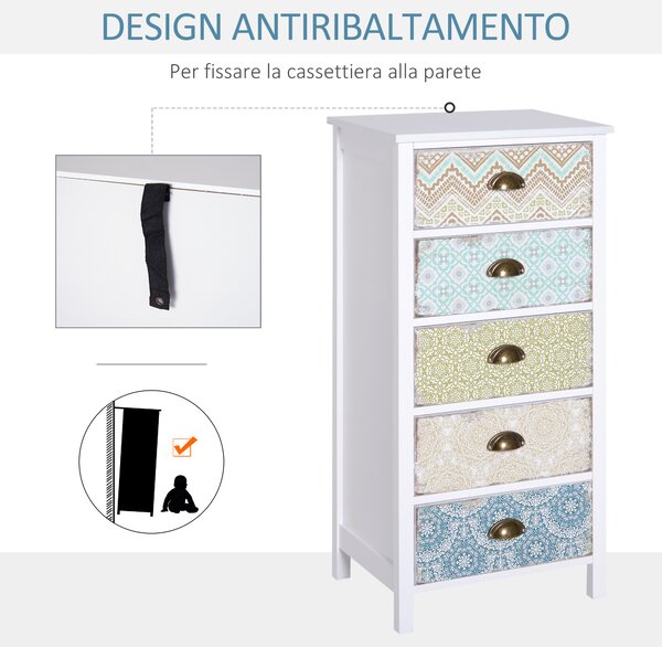 Homcom Cassettiera Mobiletto Vintage con 5 Cassetti Fantasia, per Bagno, Ingresso, Camera, Bianco 46x34x97.5cm|Aosom
