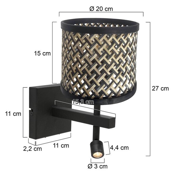 Steinhauer Applique Stang, lampada a LED da lettura, nero/natural wickerwork