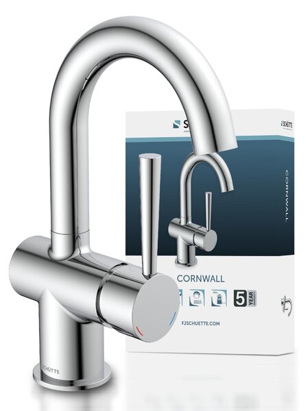 Miscelatore per lavabo con scarico ad arco alto e rotondo, cromato