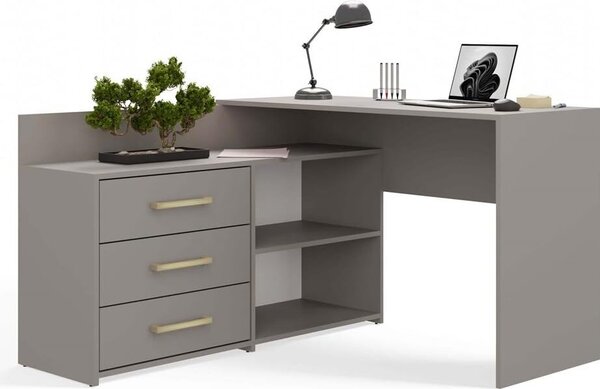BDW Scrivania ad angolo, 3 cassetti 2 ripiani, grigio, 120x7x50 cm