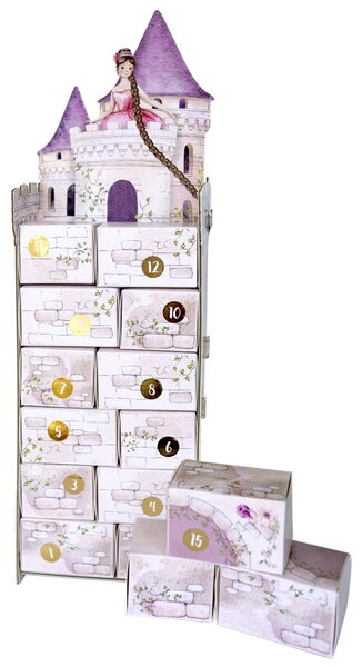 Calendario dell'Avvento 2025 di Papierdrachen – Torre di Rapunzel da assemblare – Calendario riutilizzabile con scatole da riempire