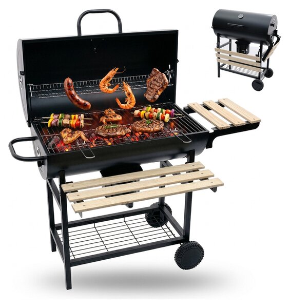 Relaxdays: barbecue a carbonella con carrello, coperchio e termometro, barbecue portatile, barbecue da giardino XXL con ripiani, nero/naturale