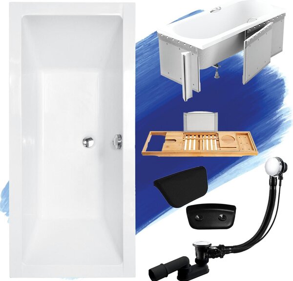 Set vasca rettangolare 5in1 175x80 con set di scarico e piedini GRATIS + polistirolo + ripiano in legno di bambù + poggiatesta in nero | BADLAND QUADRO