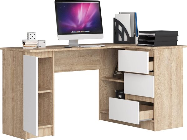 BDW, scrivania angolare destra, 3 cassetti, 4 ripiani, rovere Sonoma / bianco