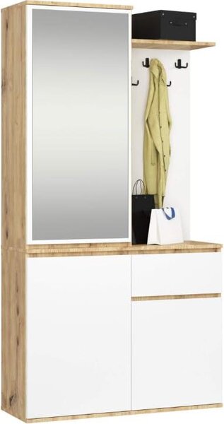 BDW, Set di armadi da corridoio ENTRO con armadio a specchio, 95x183x35cm, rovere Artisan / bianco