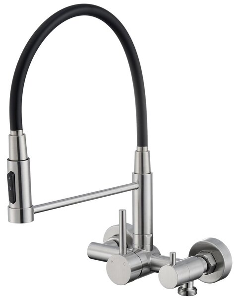 Rubinetto da cucina da montare a parete, con attacco da 3/4 di pollice, bocchetta girevole a 360° e finitura spazzolata