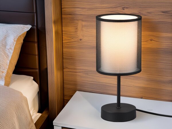 Piccola lampada da tavolo a LED con doppio paralume in tessuto bianco e nero, da davanzale