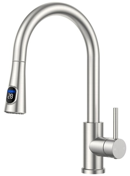 Rubinetto da cucina con LED, doccetta estraibile, display della temperatura, rotazione a 360°, acciaio inossidabile