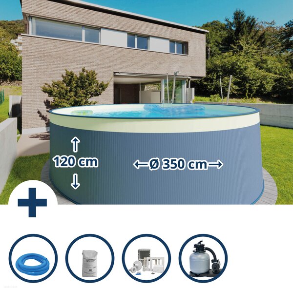 Set piscina con pareti in acciaio (5 pezzi) rotonda 350 x 120 cm, acciaio 0,4 mm antracite, telo 0,3 mm sabbia