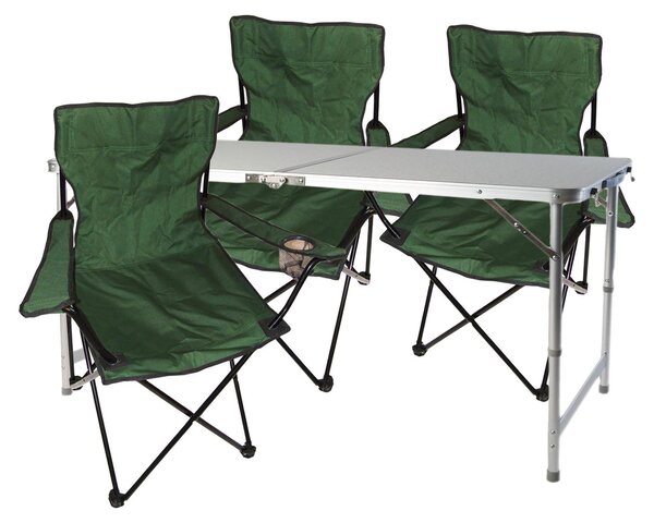 Set di mobili da campeggio composto da 4 pezzi: tavolo verde con altezza regolabile e sedie