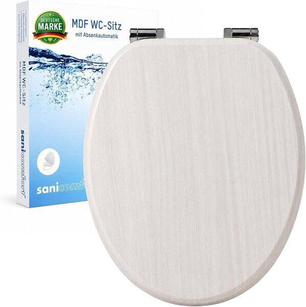 Sedile WC Sanicomfort Wood white, anima in MDF, con chiusura ammortizzata, sedile con coperchio, visiera e coperchio, cerniere in metallo cromato, facile da montare