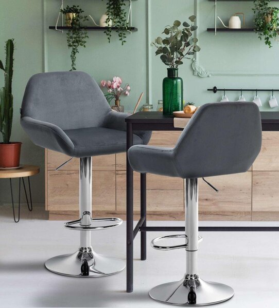 Set di 2 sgabelli da bar - sedute in velluto - altezza regolabile, girevole a 360° | Colore: grigio scuro. Materiale base: metallo cromato