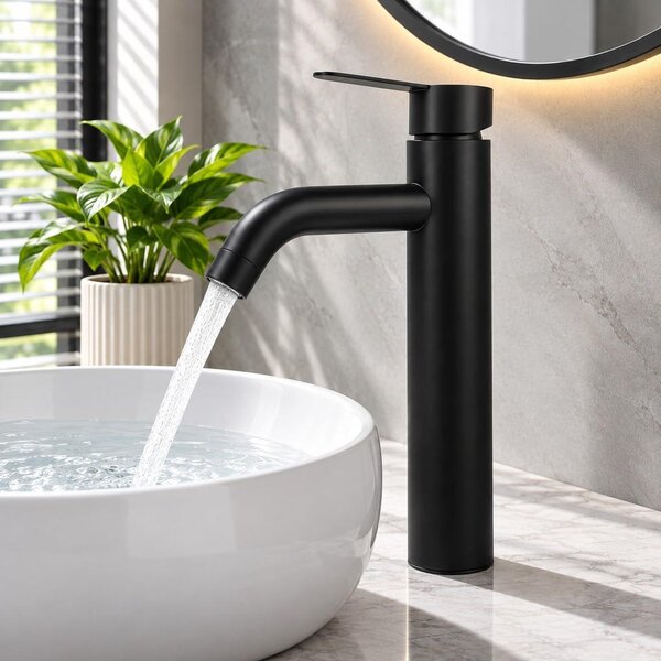 Rubinetto per lavabo alto - Miscelatore monocomando - Acciaio inossidabile nero - Acqua calda e fredda