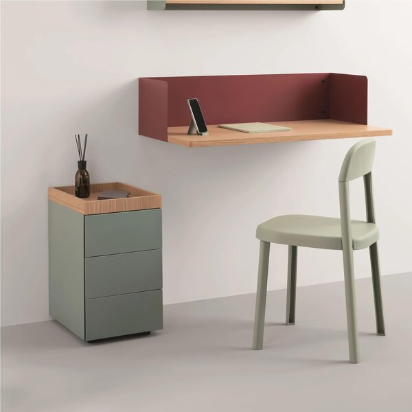 Cassettiera 3 cassetti con vassoio superiore in Rovere Europeo Dimensioni 32x44x h 55 cm Struttura in legno con 4 ruote con freno Verde Eucalipto RAL 150 60 10