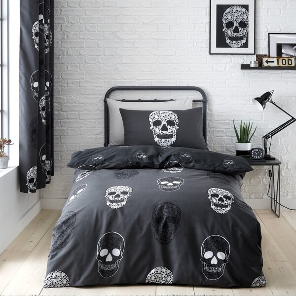 Set copripiumino e federa da bambini grigio scuro per letto singolo 135x200 cm Skulls – Catherine Lansfield