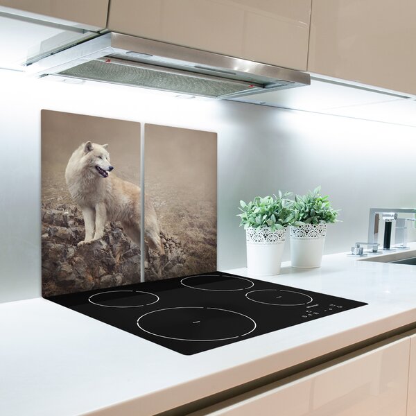 Tagliere in vetro temperato Lupo bianco sulla roccia 60x52 cm