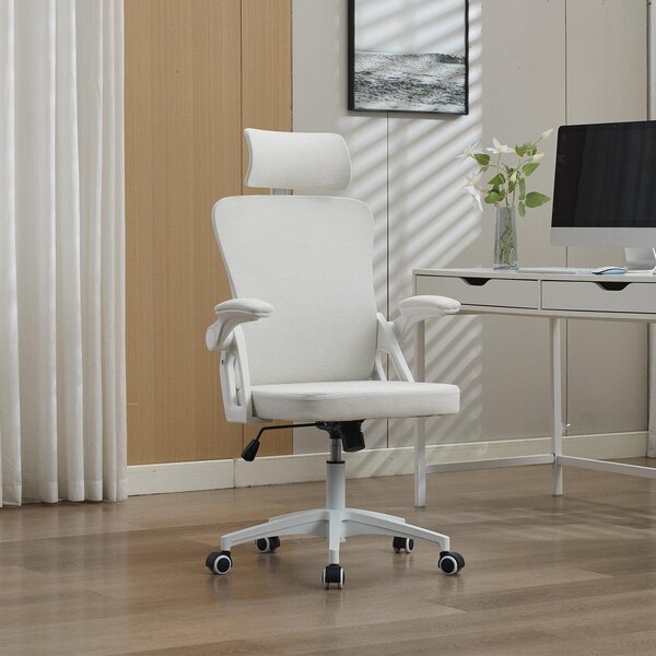 Sedia da ufficio ergonomica in rete con supporto lombare e poggiatesta regolabili – Sedia da scrivania direzionale a schienale alto per casa/ufficio. Bianca