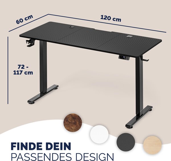 CASARIA® Scrivania regolabile in altezza elettricamente 120 x 60 cm con caricatore wireless e porta USB-C/A, display LCD, funzione memoria, portata 80 kg, ergonomica, effetto carbonio