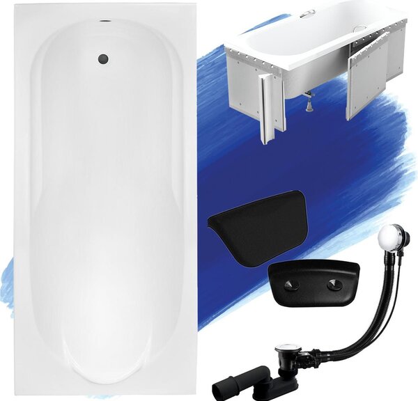Set da bagno rettangolare 5in1 190x80 con set di scarico premium e piedini GRATUITI + rivestimento (polistirolo) + poggiatesta nero | BADLAND BONA