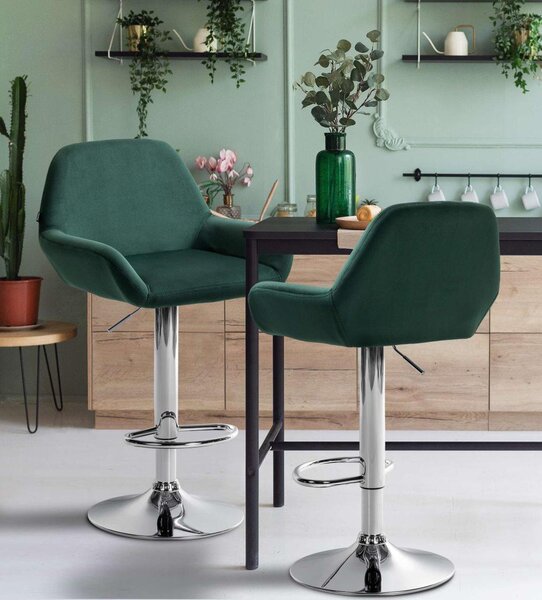 Set di 2 sgabelli da bar - sedute in velluto - altezza regolabile, girevole a 360° | Colore: verde scuro | Materiale base: metallo cromato