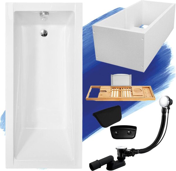 Vasca rettangolare 160x70 con set di scarico e piedini GRATIS + supporto per vasca + ripiano in legno di bambù + poggiatesta in nero | BADLAND MODERN