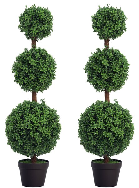 HOMCOM Set di 2 alberi artificiali 101,6 cm 3 boules di bosso topiario pianta finta verde PE con vaso interno ed esterno | Aosom Italy