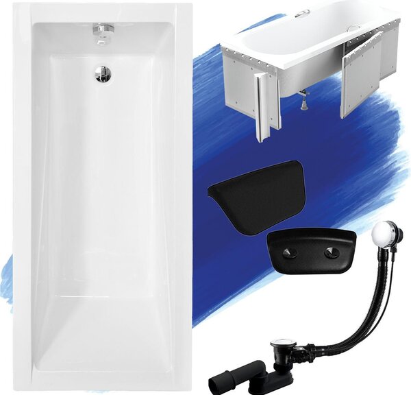 Set vasca rettangolare 5in1 160x70 con set di scarico premium e piedini GRATIS + rivestimento (polistirolo) + poggiatesta nero | BADLAND MODERN