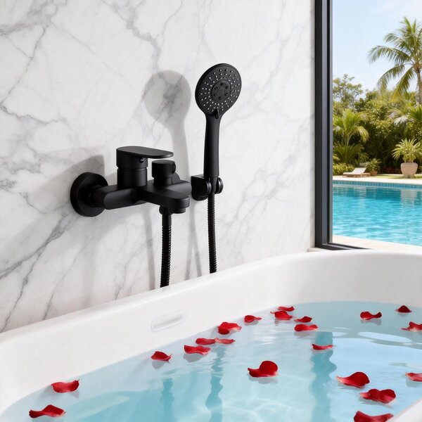 Rubinetto per vasca da bagno con doccetta manuale, nero, 3 funzioni, tubo flessibile da 1,5 metri