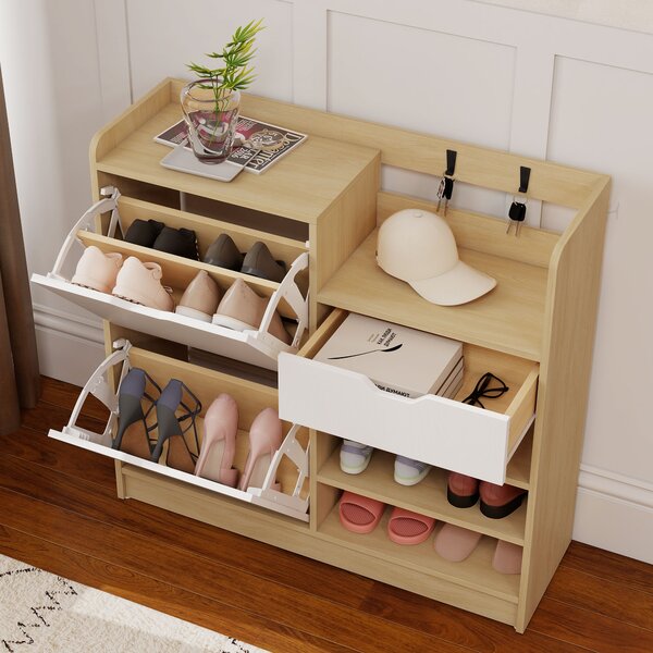 HOMCOM Mobile Portascarpe per Ingresso, Mobile Portascarpe con Cassetti Ribalta, Ripiani Aperti, 4 Ganci, per un massimo di 14 paia di scarpe, Bianco | Aosom Italy