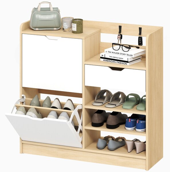 HOMCOM Mobile Portascarpe per Ingresso, Mobile Portascarpe con Cassetti Ribalta, Ripiani Aperti, 4 Ganci, per un massimo di 14 paia di scarpe, Bianco | Aosom Italy