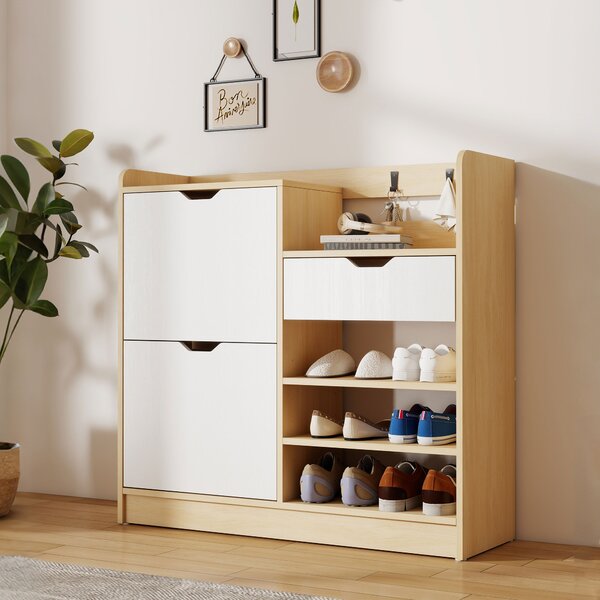 HOMCOM Mobile Portascarpe per Ingresso, Mobile Portascarpe con Cassetti Ribalta, Ripiani Aperti, 4 Ganci, per un massimo di 14 paia di scarpe, Bianco | Aosom Italy