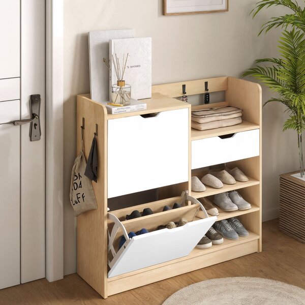 HOMCOM Mobile Portascarpe per Ingresso, Mobile Portascarpe con Cassetti Ribalta, Ripiani Aperti, 4 Ganci, per un massimo di 14 paia di scarpe, Bianco | Aosom Italy