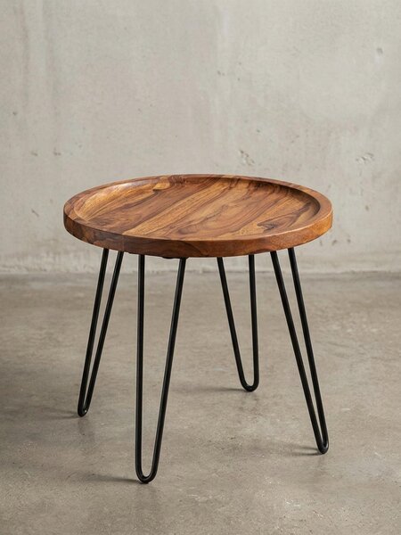 Tavolino in legno massello di sheesham 45x40x45 cm Tavolino da salotto rotondo, tavolino da divano con gambe a forcella, tavolino da caffè in legno e metallo