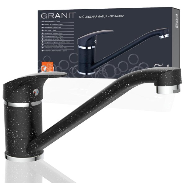 Rubinetto per lavabo con bocchetta girevole a 360°, ideale per lavabi doppi, in granito/nero