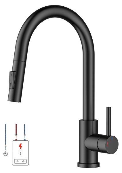 Rubinetto da cucina a bassa pressione, con doccetta estraibile, monocomando per acqua calda e fredda, adatto per scaldabagni e apparecchiature da incasso, finitura nera opaca