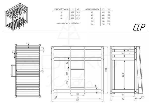 Letto a castello in legno di pino 80x200 cm CLP - Adeko